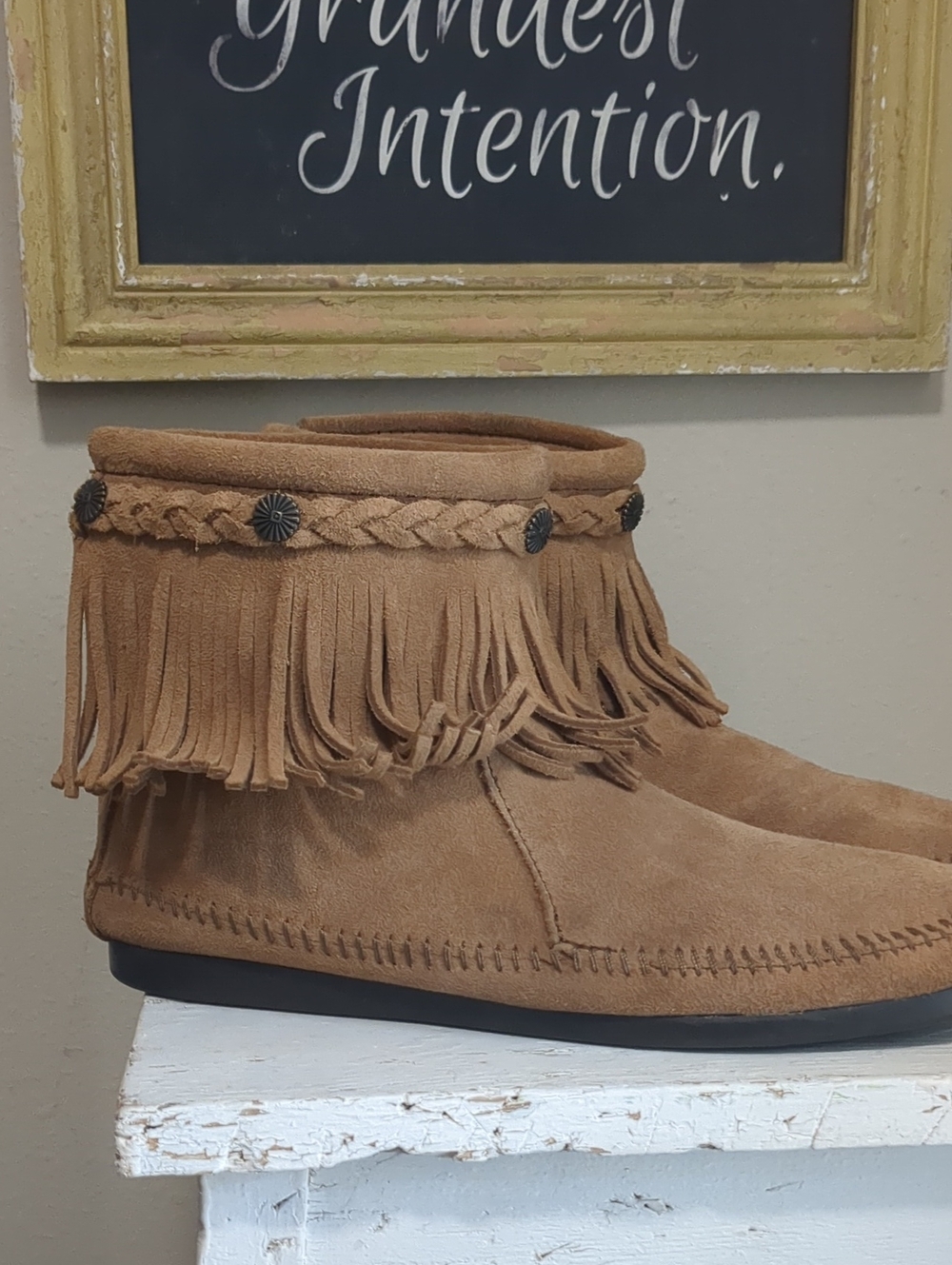 Minnetonka Fringed Suede Ankle Booties in Camel